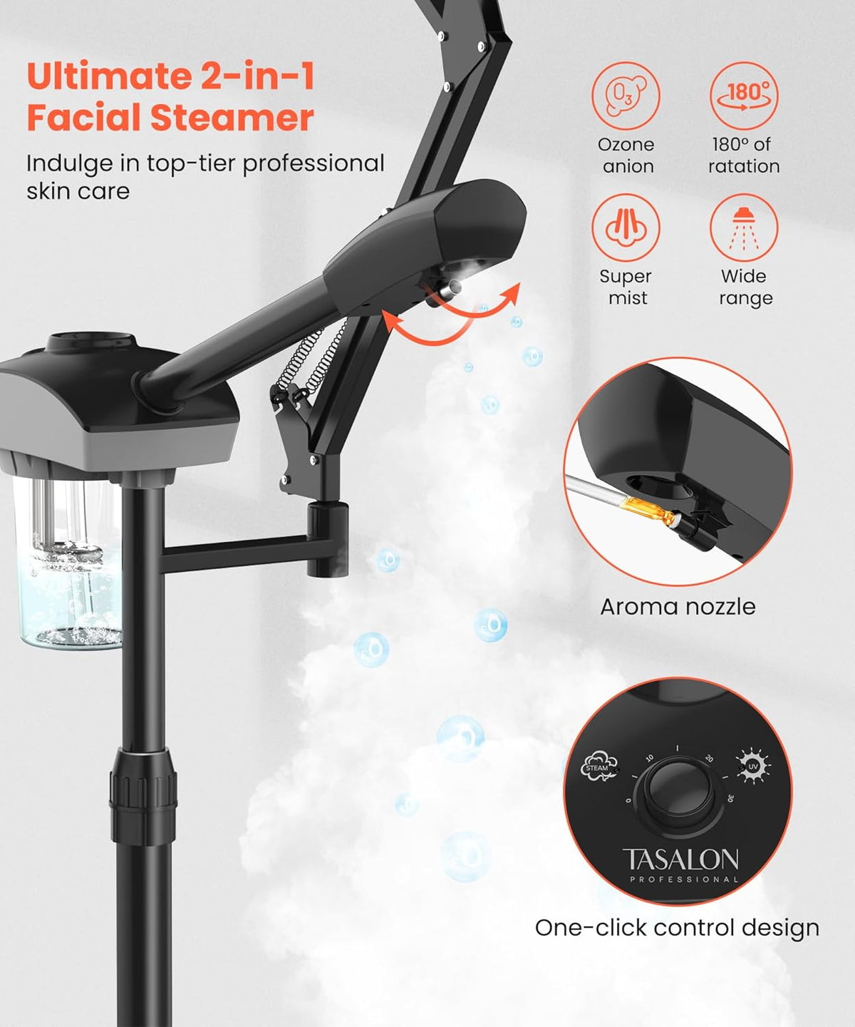 TASALON Professional Facial Steamer with 5X Magnifying Lamp, 2-in-1 Esthetician Steamer on Wheels