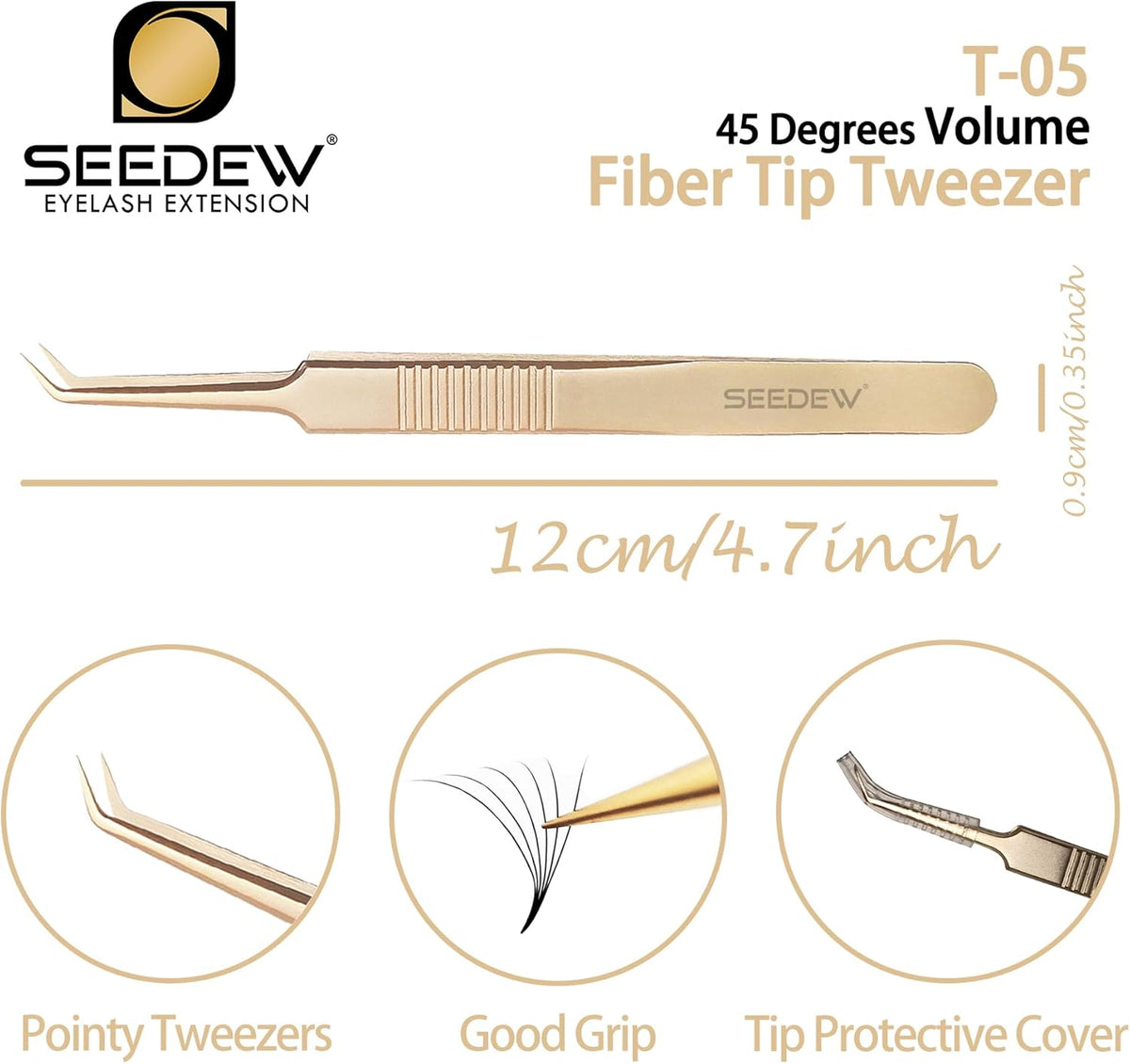 Golden Stainless Steel 45 Degree Angled Volume Tweezer, 1 Pc, T05 Fiber Tip, Precision Eyelash