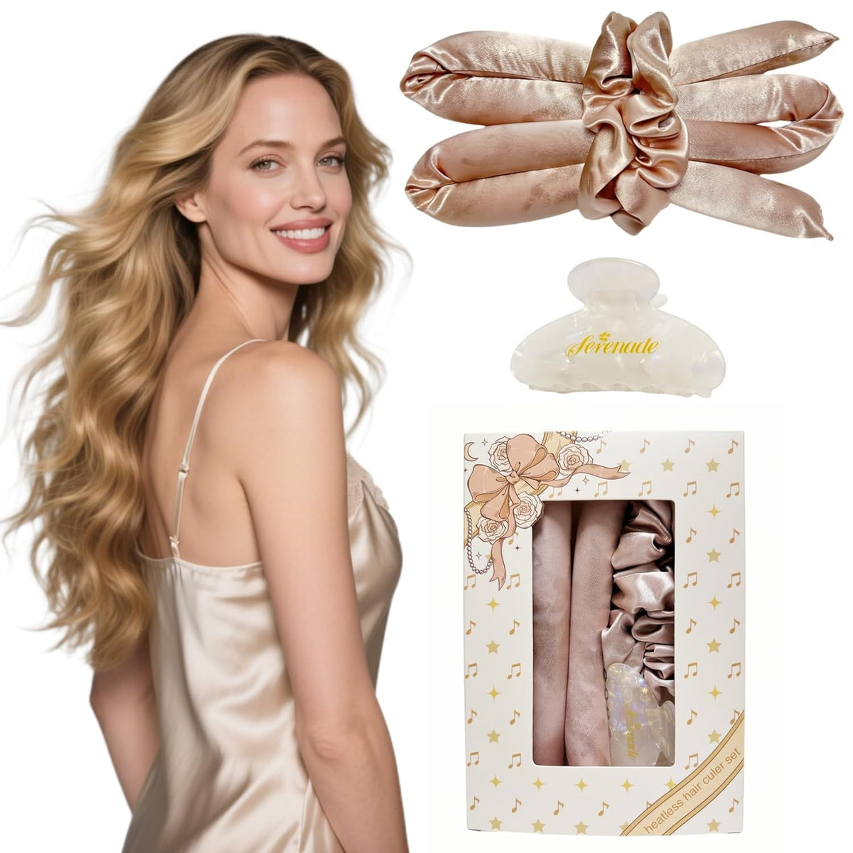 Serenade Sparkling Satin Heatless Curls Overnight, Heatless Hair Clurer Curling Rod Headband, No