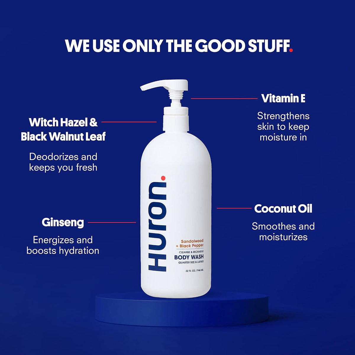 Huron Men’s Moisturizing Body Wash - Clean & Woody Scent of Sandalwood, Black Pepper, Cedarwood, &