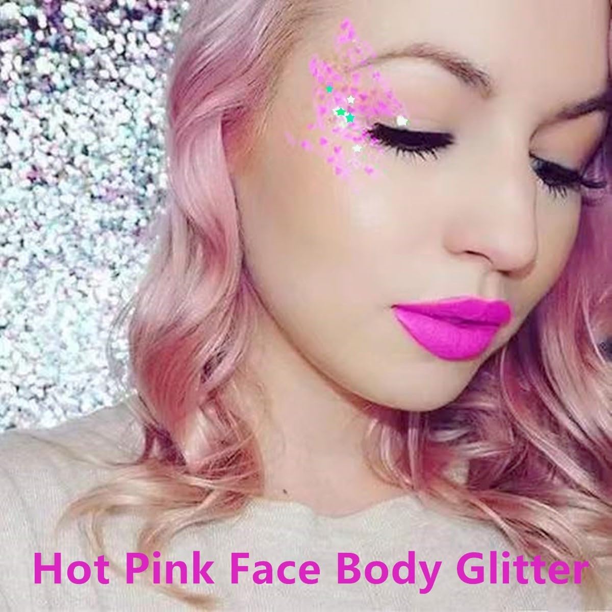 Go Ho Hot Pink Face Body Glitter Gel,Singer Concerts Hot Pink Face Paint Makeup,Holographic Chunky
