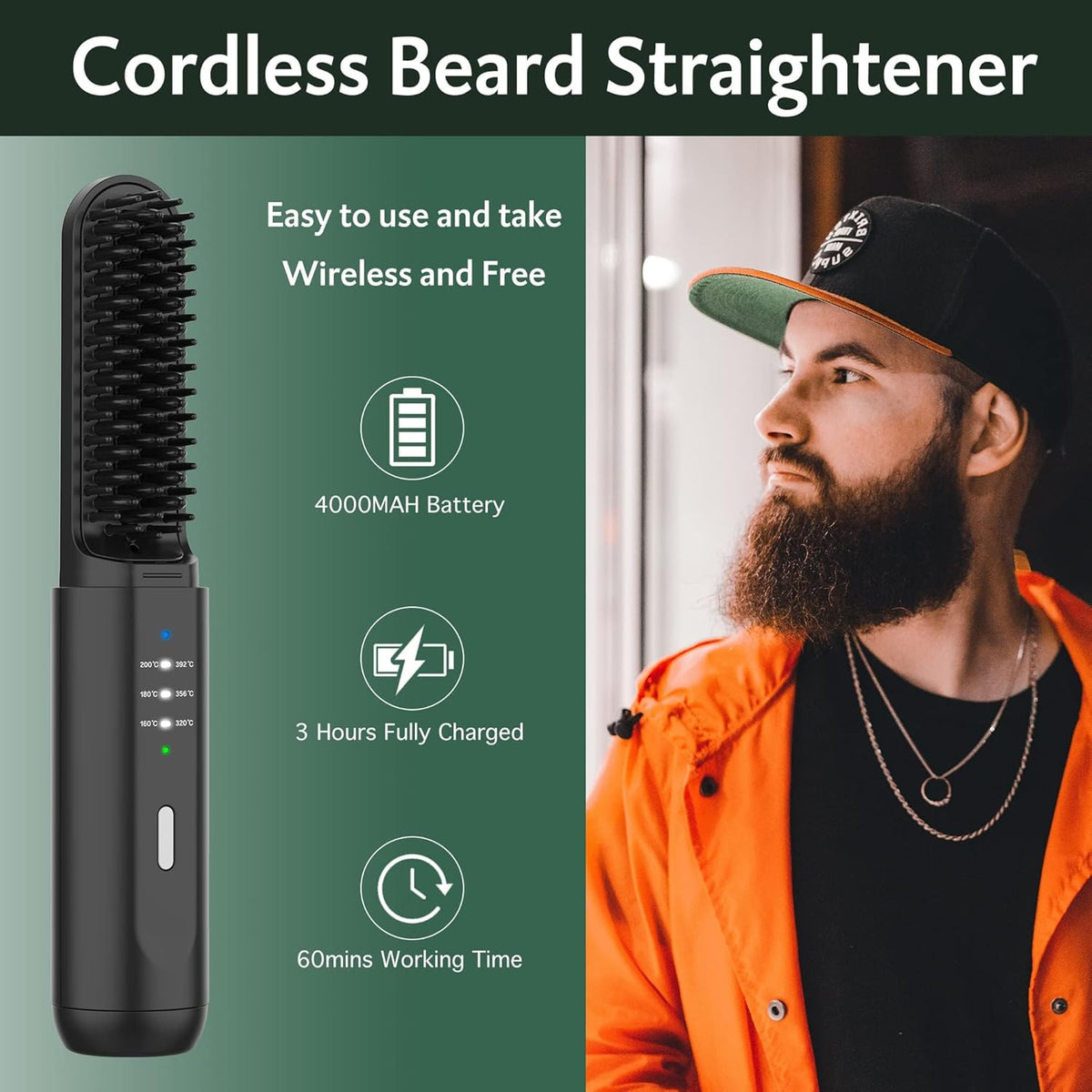 Beard Straightener for Men, Portable Cordless Heated Hair & Beard Straightening Brush with