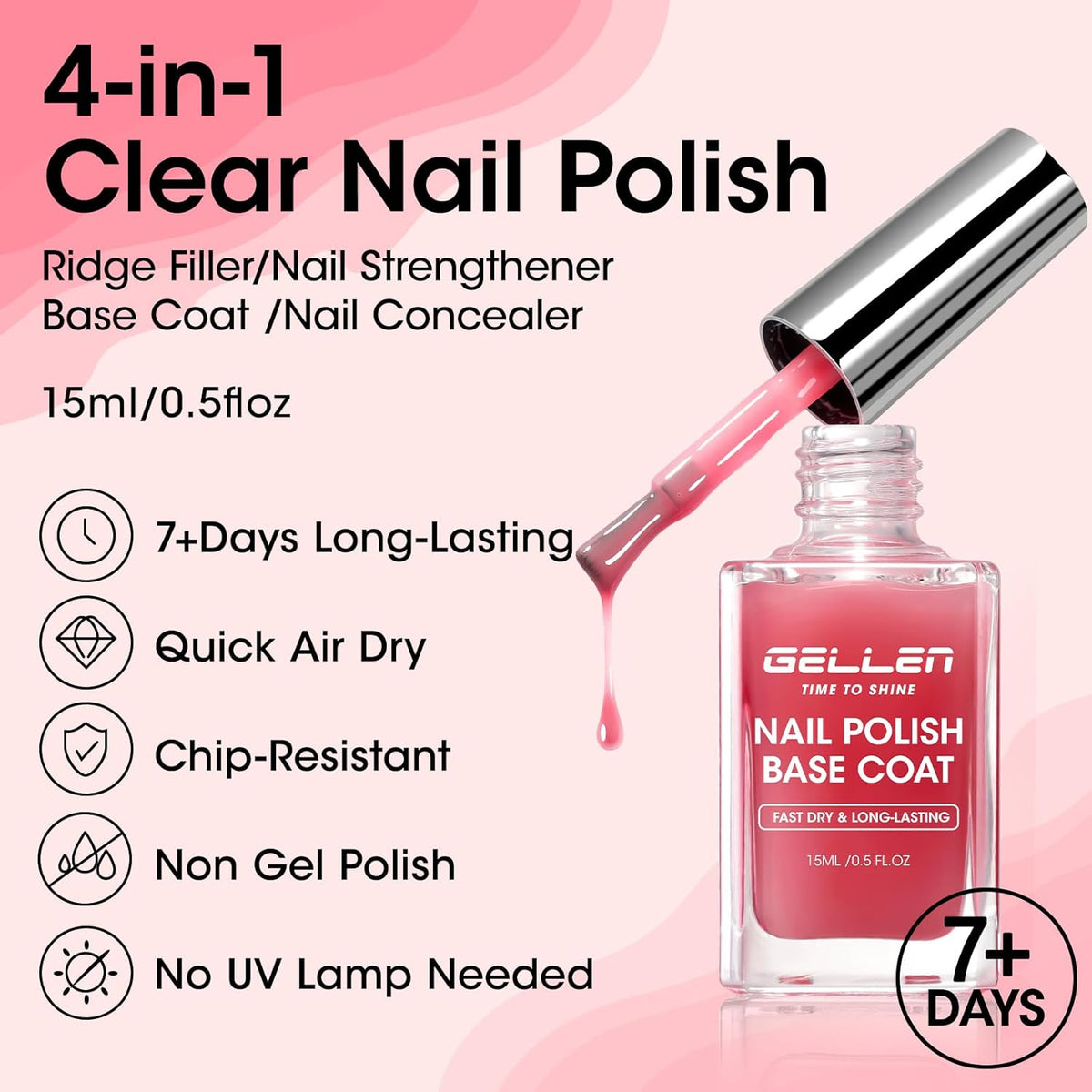 Gellen 4‑in‑1 Clear Nail Polish Base Coat Sheer Tinted Red, Ridge Filler, Nail Strengthener &