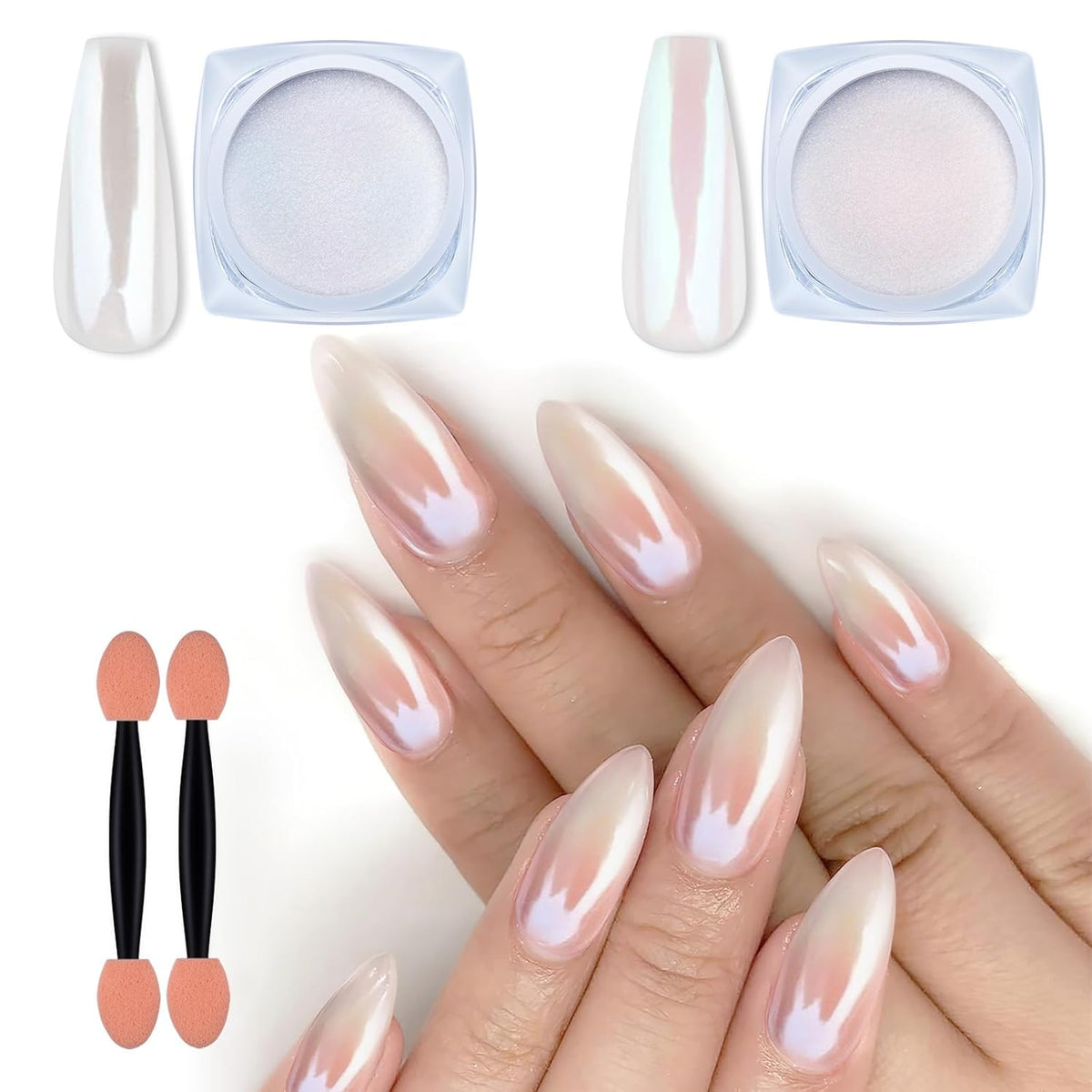 Artdone 2 Jars Chrome Nail Powder White and Red Pearl, Iridescent Aurora Powder Metallic Mirror
