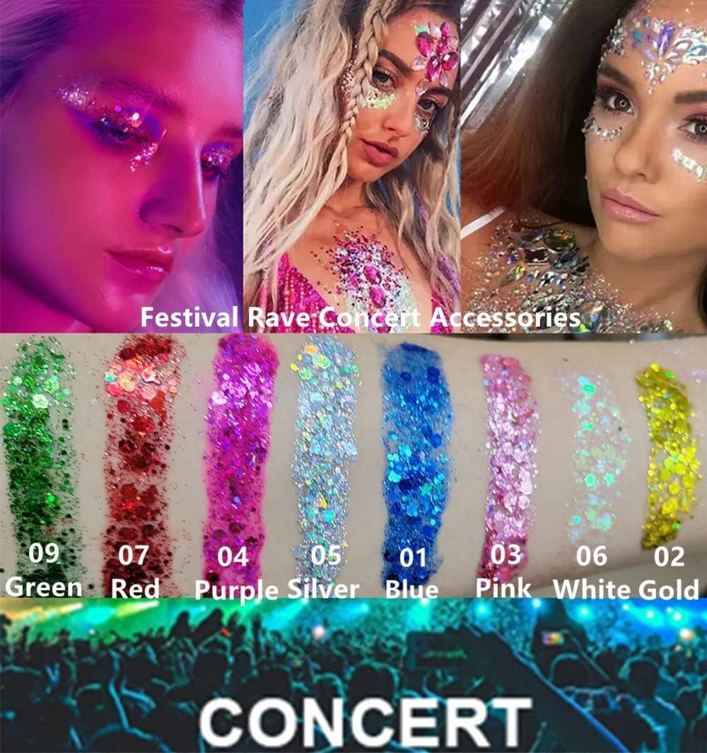 Go Ho Pink and White Body Glitter Set,Singer Concerts Face Glitter Gel Makeup,Holographic Long