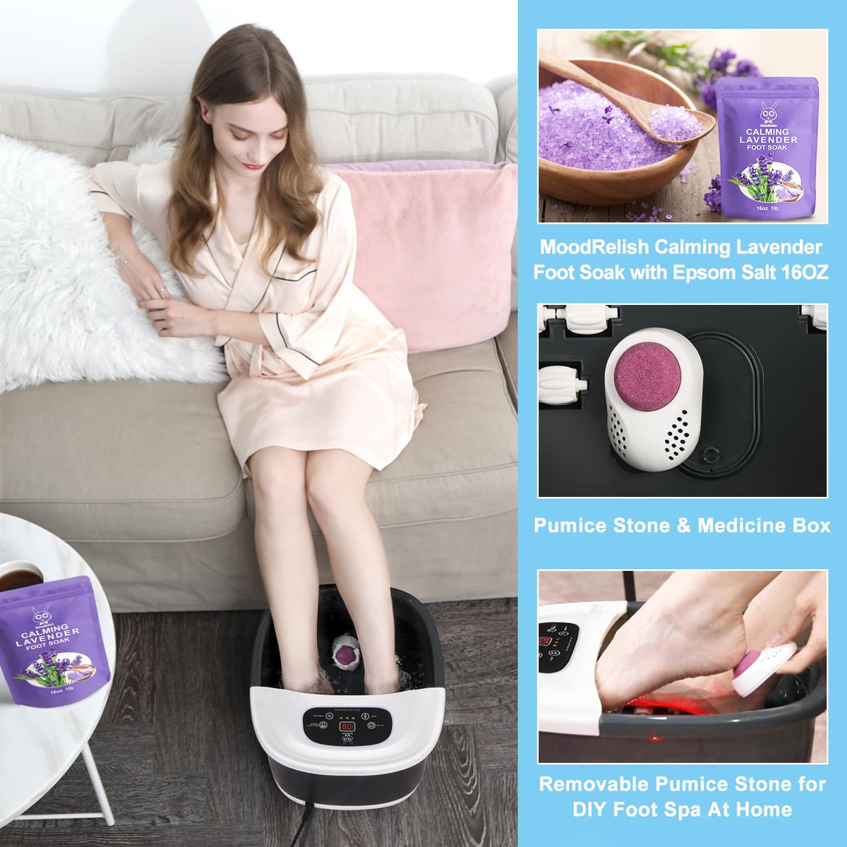 Foot Spa Bath Massager with Heat Bubbles and Vibration Massage and Jets, 16 OZ Calming Lavender