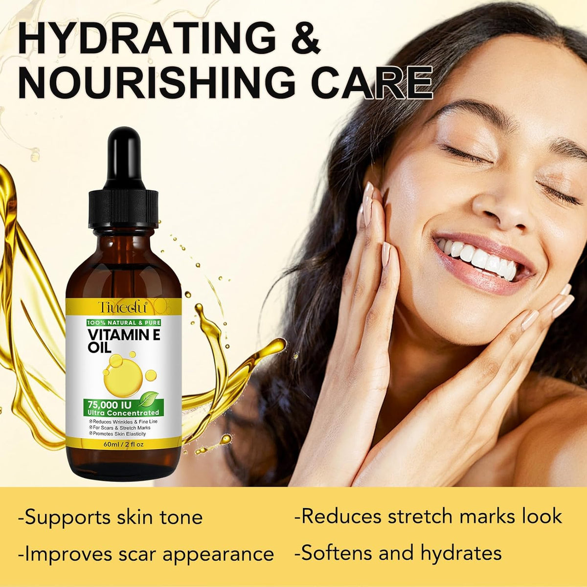 Tiuedu Natural Vitamin E Oil for Skin, 75,000 IU Ultra Concentrated Vitamin E Oil for Face, Hair