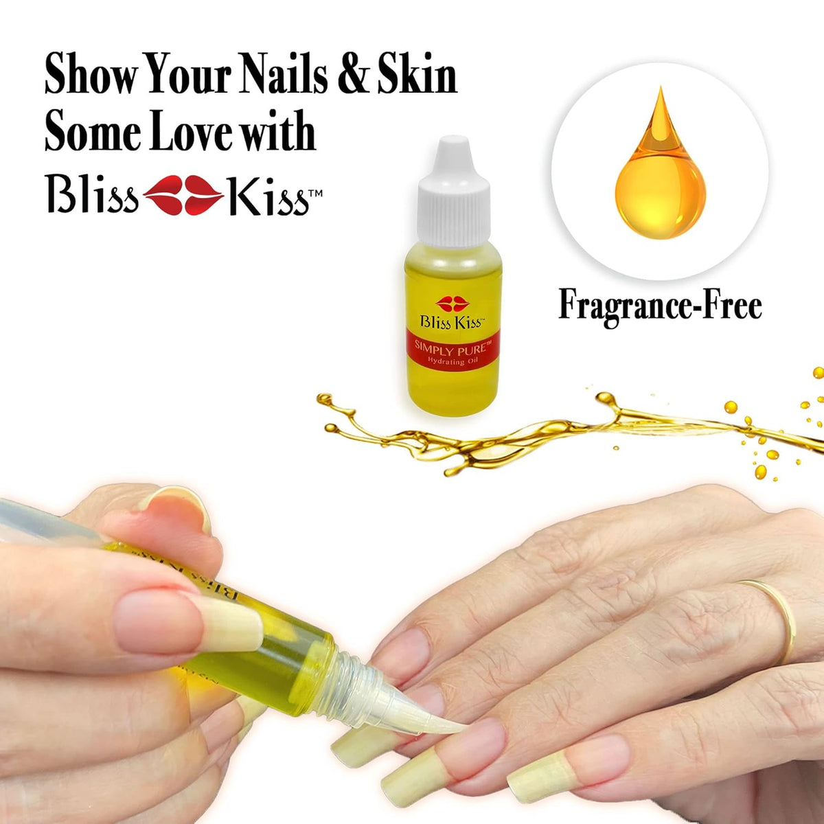 Bliss Kiss Refillable Cuticle Nail Oil Pen with Brush and Simply Pure Cuticle Oil for Nails 15 ml