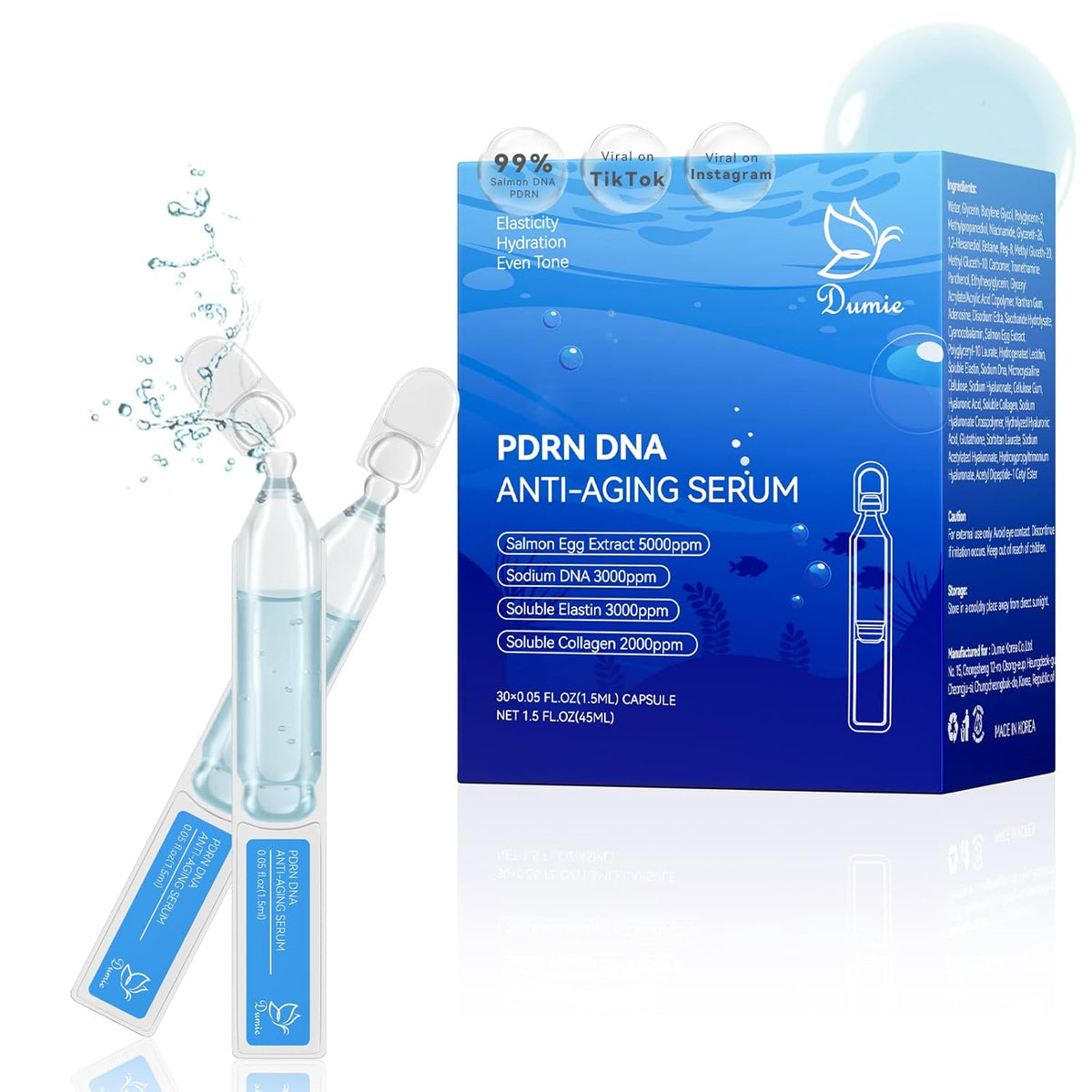 Salmon DNA PDRN Anti-Aging Serum, 5000ppm Salmon Egg DNA Ampoule, 2000ppm Collagen, Glutathione