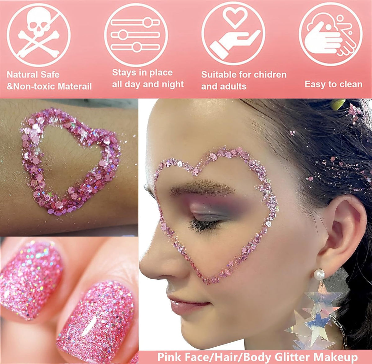 Go Ho Pink Face Body Glitter Gel,Singer Concerts Pink Face Paint Makeup Holographic Chunky Sequins