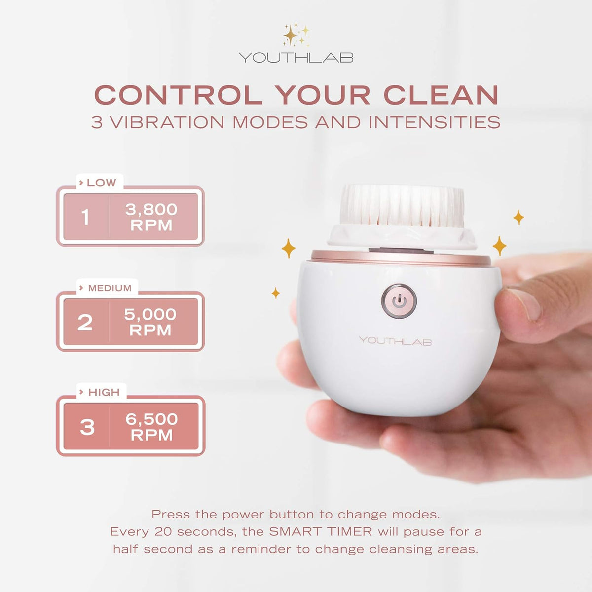 YouthLab Pure Radiance, Vibrating Facial Cleansing Brush, Electric, 3 Modes, 3 Brush Heads (2