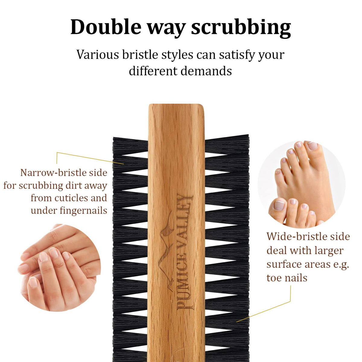 Wooden Cleaning Finger Nail Brush with Nylon Charcoal Bristles & Hanging Rope - Double-Sided