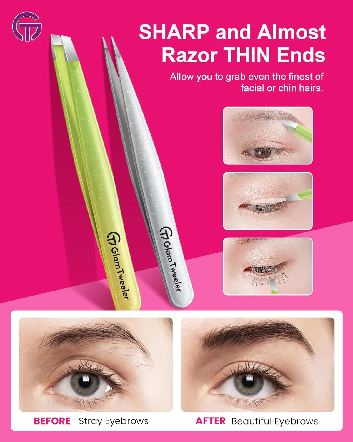 Expert Slant and Point Tip Tweezer Set with Exclusive Storage & Carrying Case, GlamTweeler Sharp &