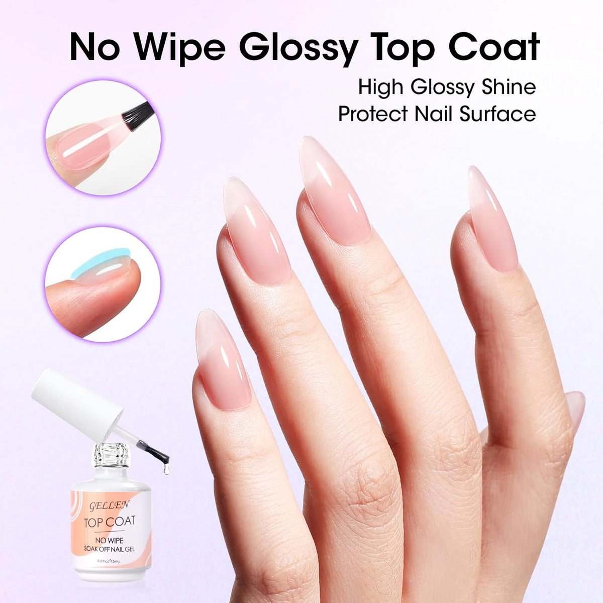 Gellen Nail Glue Gel & No Wipe Top Coat, 5 in 1 UV Nail Glue for Acrylic Nails, High Shiny Top Coat