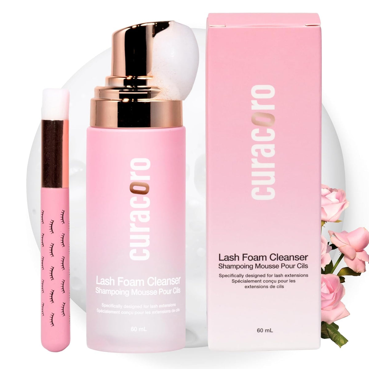 CURACORO 60ML Eyelash Extension Cleanser (Rose Scented) - Lash Shampoo for Lash Extensions, Eyelash