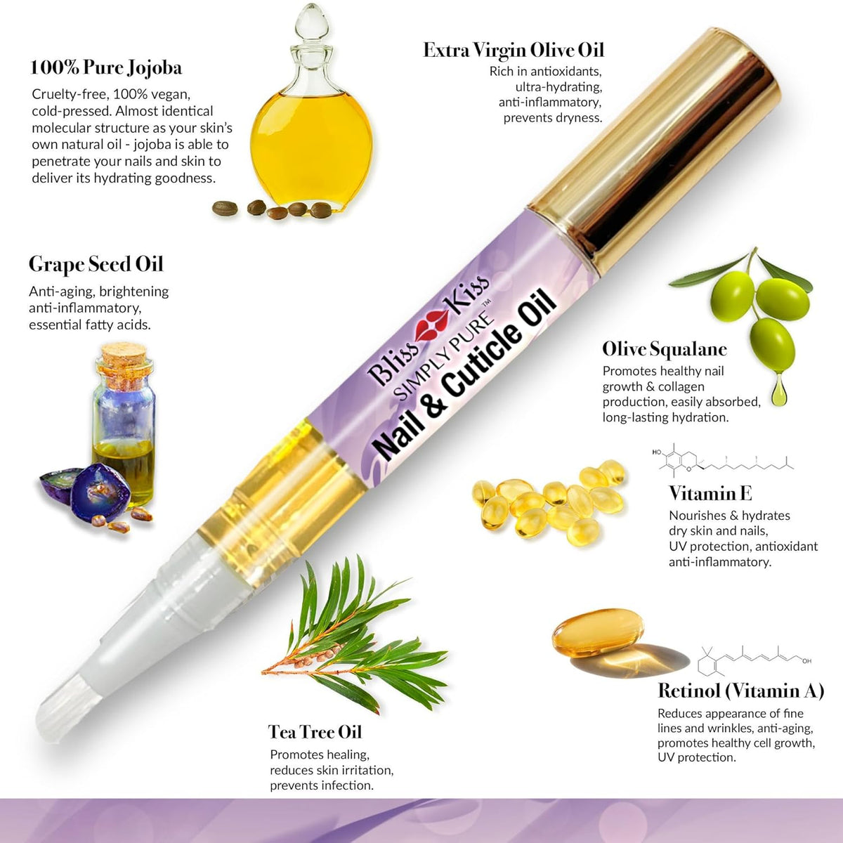Bliss Kiss | 4 Lavender Vanilla | Oil Cuticle Pen w/Vitamin E & Jojoba⏤Nail Strengthener Nail