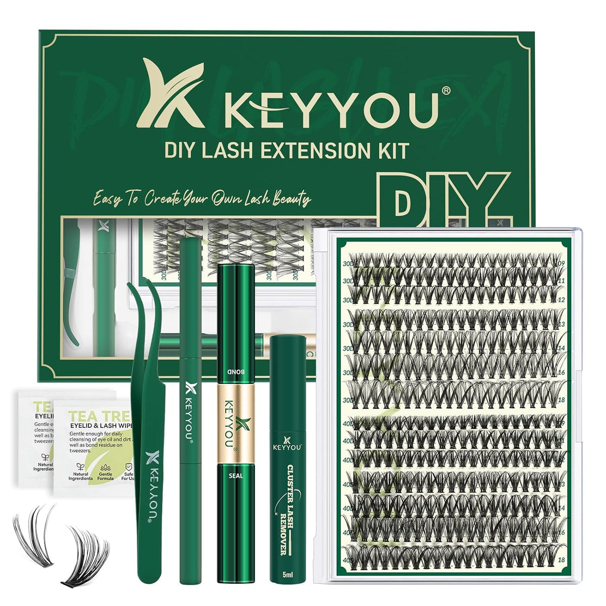 KEYYOU Lash Extension Kit DIY 280Pcs Lash Clusters Eyelash Extension Kit 30D40D,D Curl 9-18MIX Lash