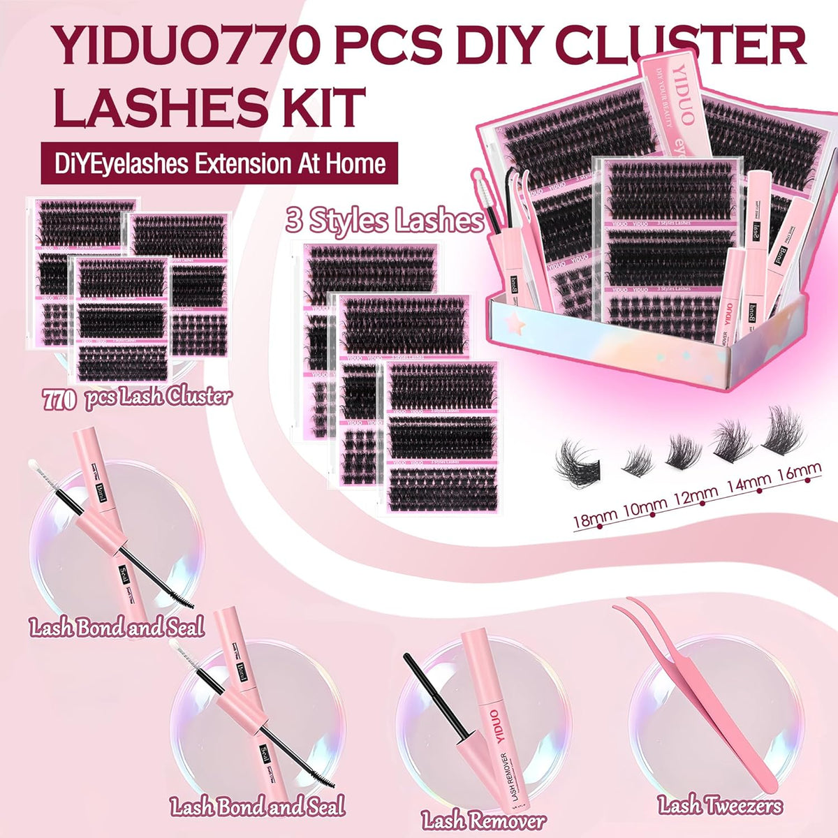 Volume Lashes Clusters Lash Kit Gift Packs 770Pcs with 2X Bond&Seal 5 style Mixed C-Curl False