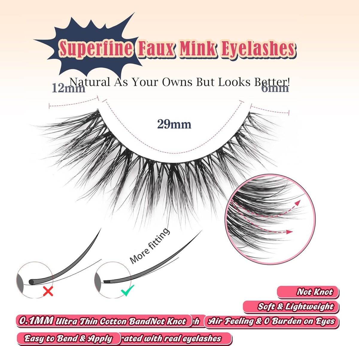 Natural Lashes Wispy Cat Eye Lashes 12mm False Eyelashes Natural Look Strip Lashes Thin Cotton Band