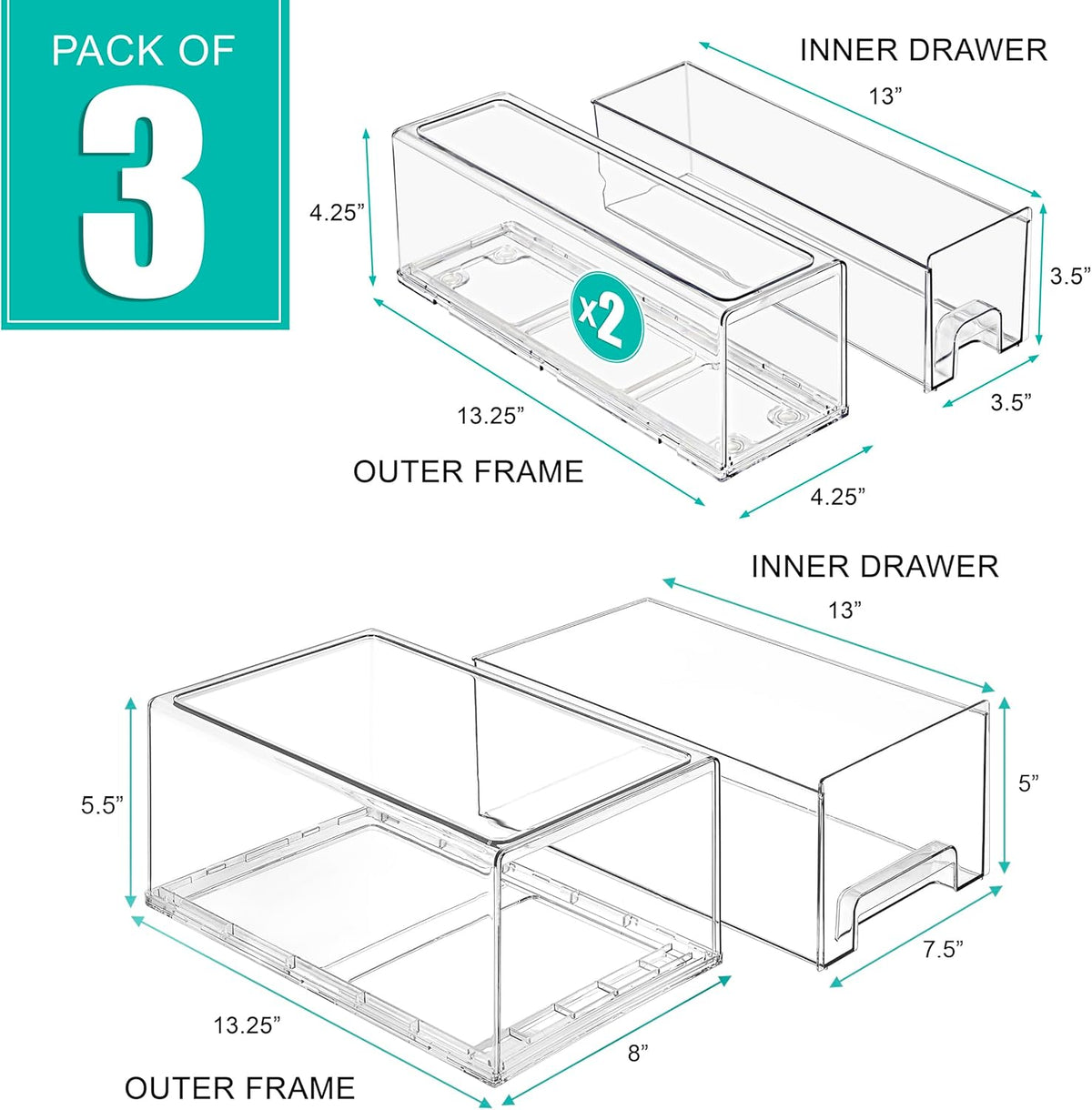 Sorbus 1 Large & 2 Small Clear Stackable Storage Drawers – Plastic Organizer Bins with Handles