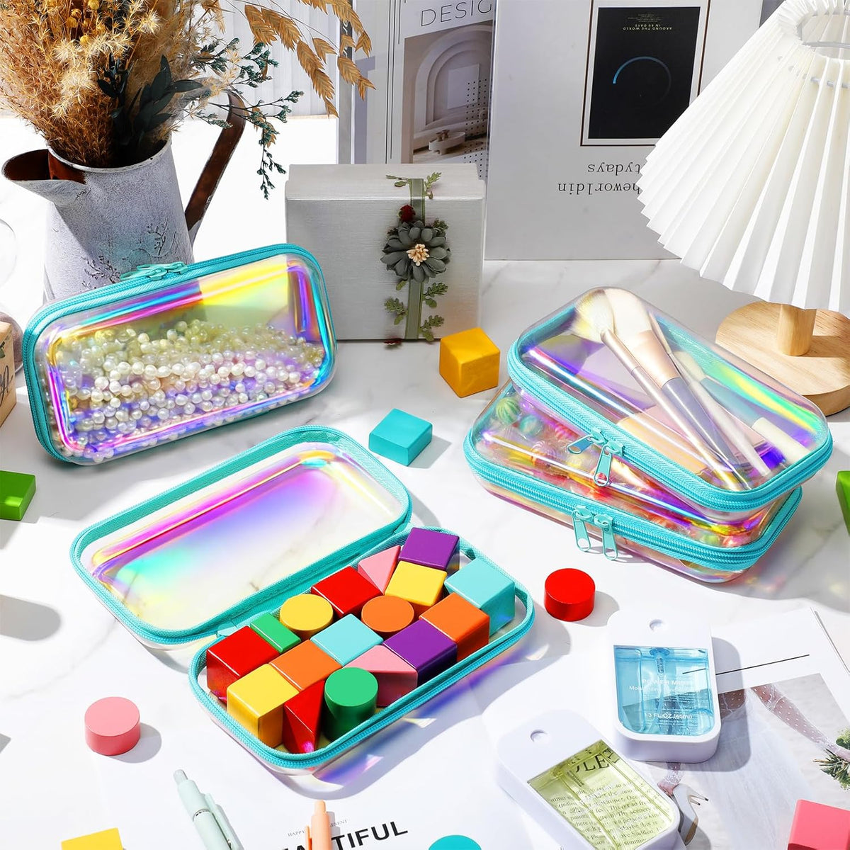 Hoolerry 4 Pcs Hard Clear Zipper Case Makeup Bags Plastic Pencil Pouch Transparent Storage Box