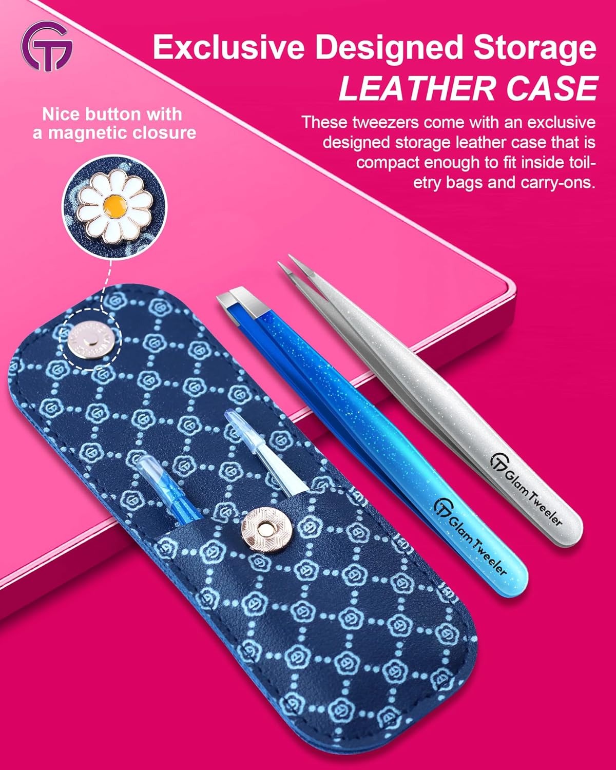 Expert Slant and Point Tip Tweezer Set with Exclusive Storage & Carrying Case, GlamTweeler Sharp &