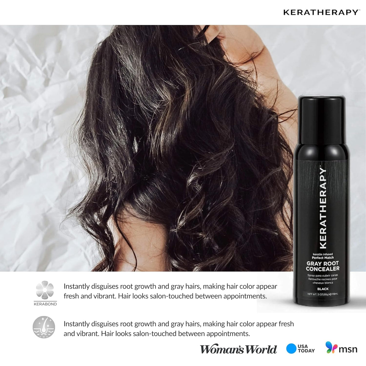 Keratherapy Keratin Infused Perfect Match Gray Root Concealer Spray, Black, 3 oz, 118 ml - Root