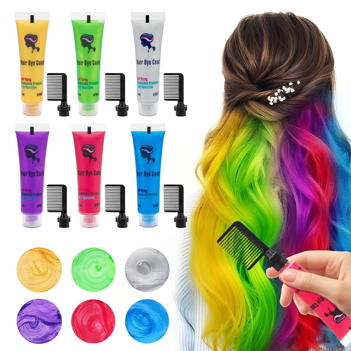 Byhoo 6PCS Temporary Hair Dye for Dark Hair, Hair Chalk for Girls, Kids Hair Dye, Washable Hair