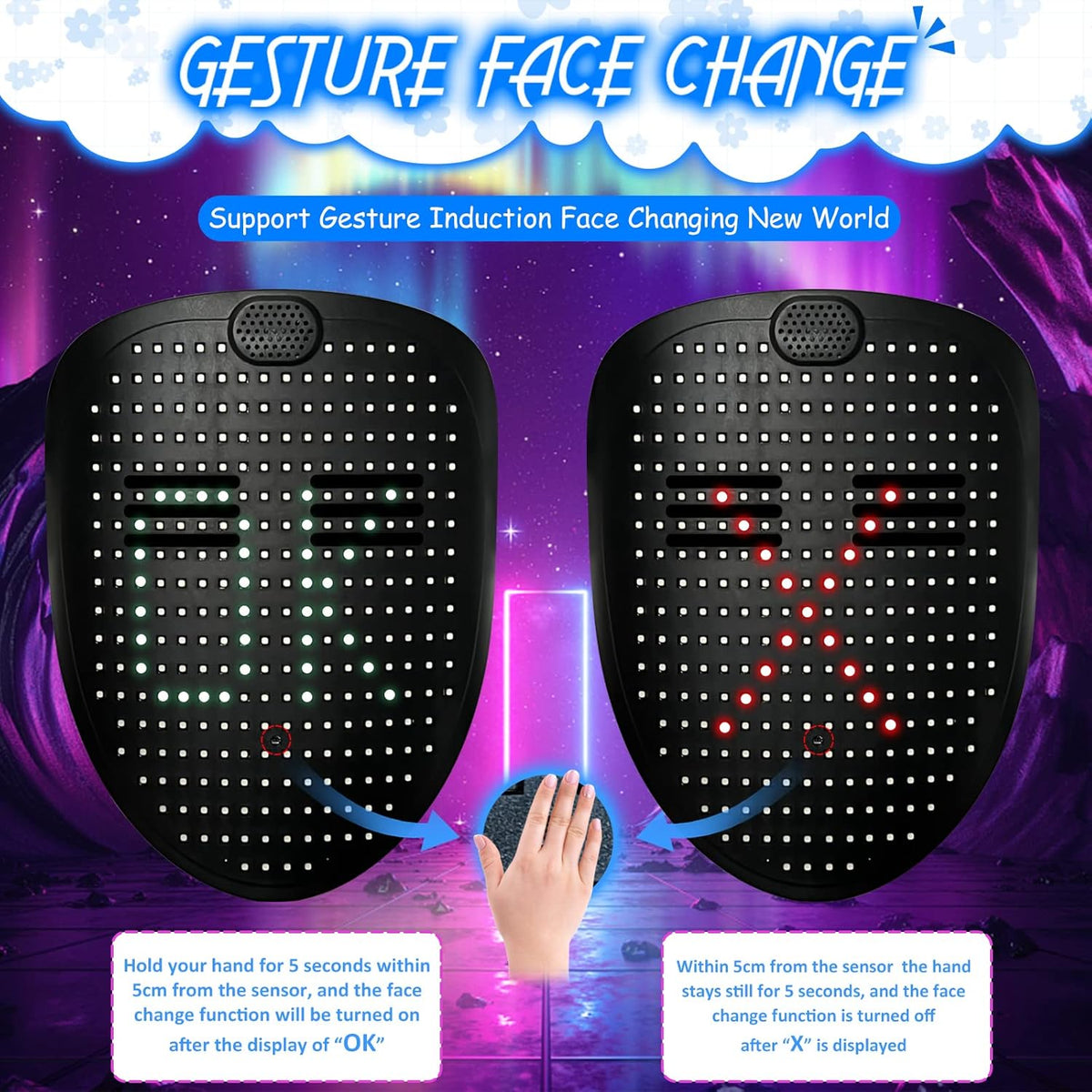 Depointer Life Led Mask with Gesture Sensing,Unisex LED Lighted Face Transforming Mask for Costume