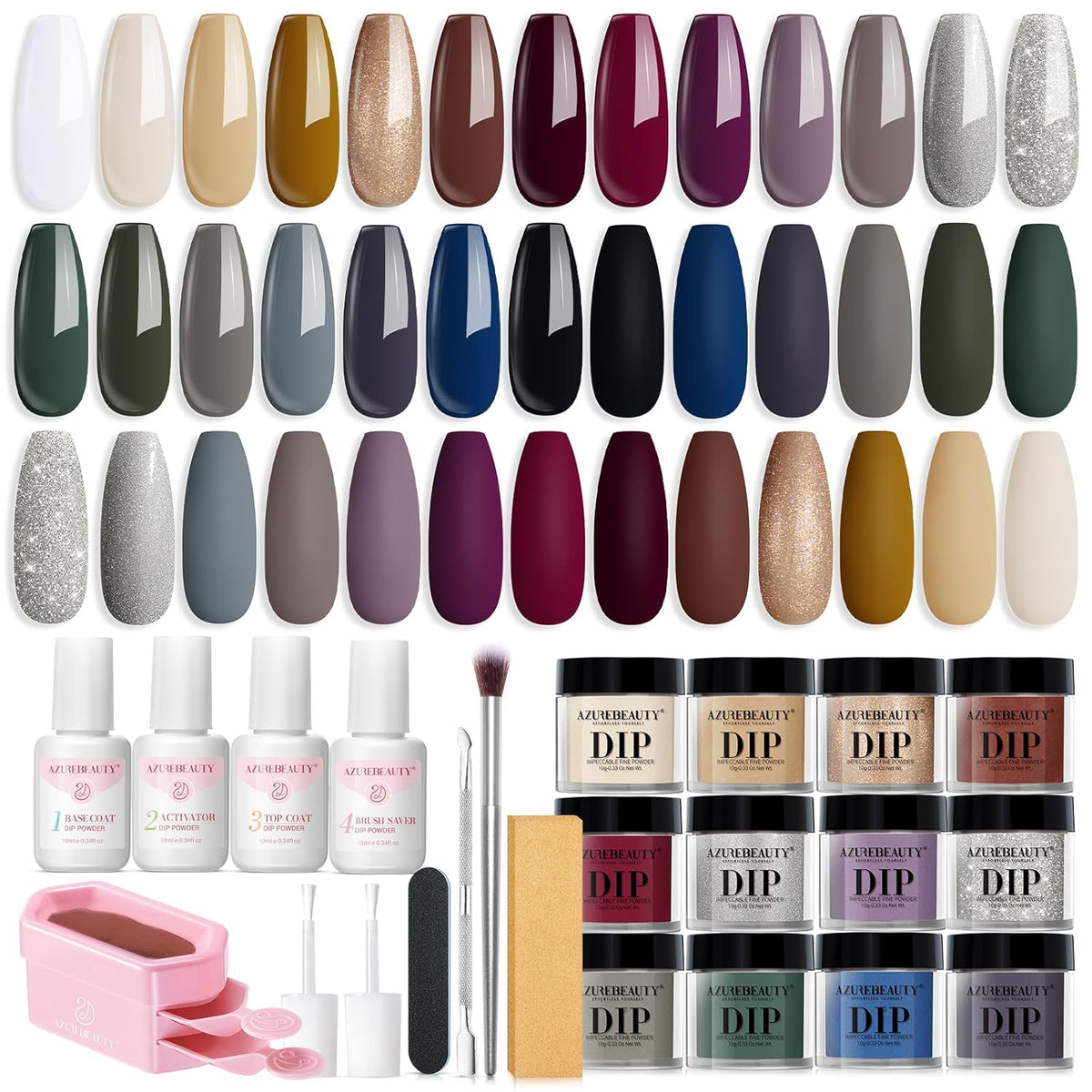 AZUREBEAUTY Dip Powder Nail Kit Starter 20 Colors Glitter Dark Green Grey Purple Fall Winter 31 Pcs