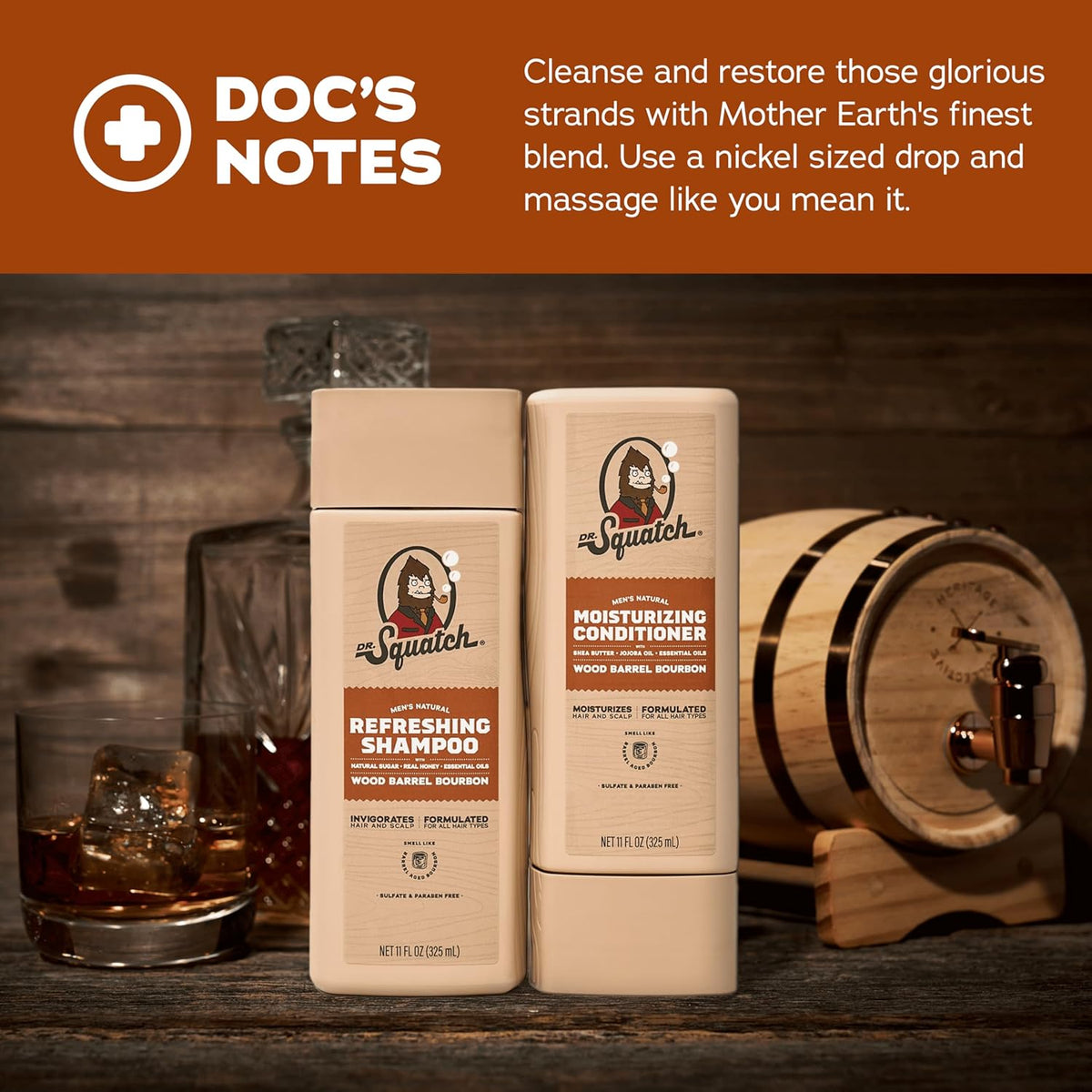 Dr. Squatch Natural Hair Bundle for Men - Healthy, Full Looking Hair - Wood Barrel Bourbon Shampoo