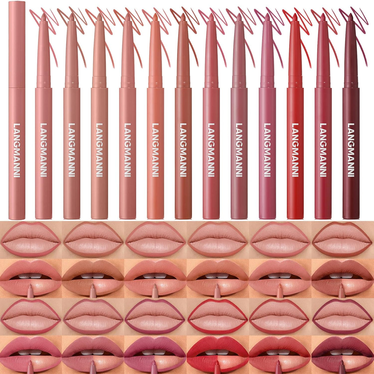 LANGMANNI 12 Colors Sculpting Matte Velvet Lip Liner Set,Smooth Creamy Texture,Waterproof And High