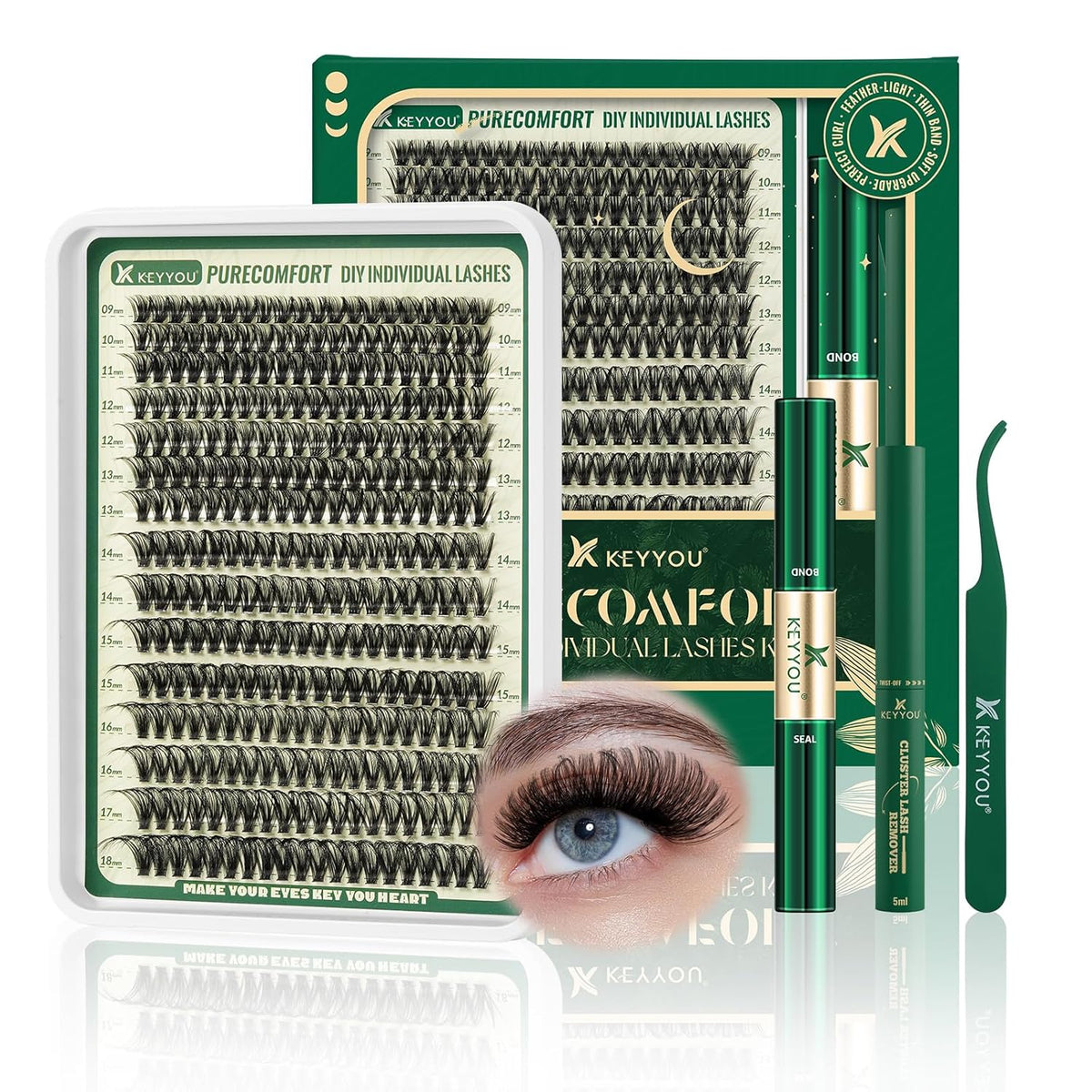 KEYYOU DIY Lash Extension Kit 300pcs Soft Lash Clusters 60D D Curl Easy to Apply with Lash Bond and