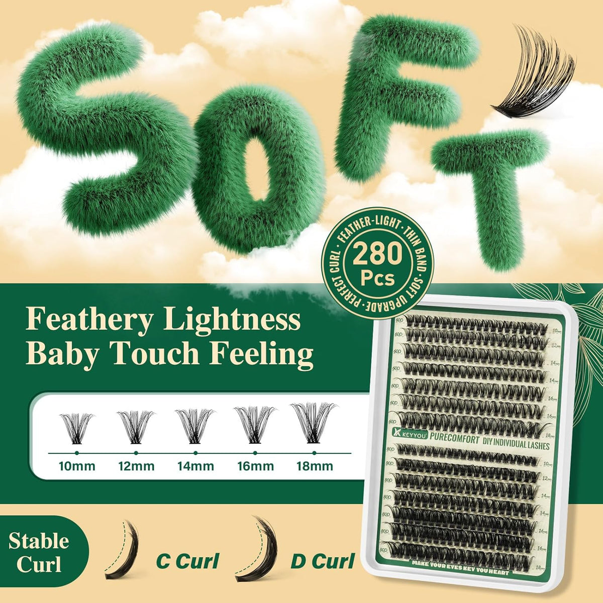 KEYYOU DIY Lash Extension Kit 280pcs Soft Lash Clusters 60D+80D D Curl Easy to Apply with Lash Bond
