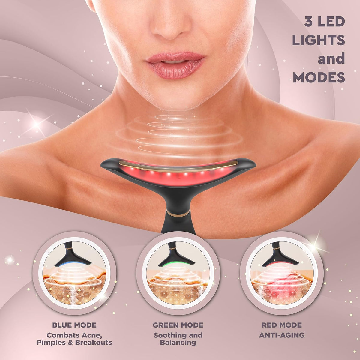 GLO24K Red Light for Face & Neck Beauty Device – Anti-Aging - 3 in 1 Facial Massager Tool and Neck