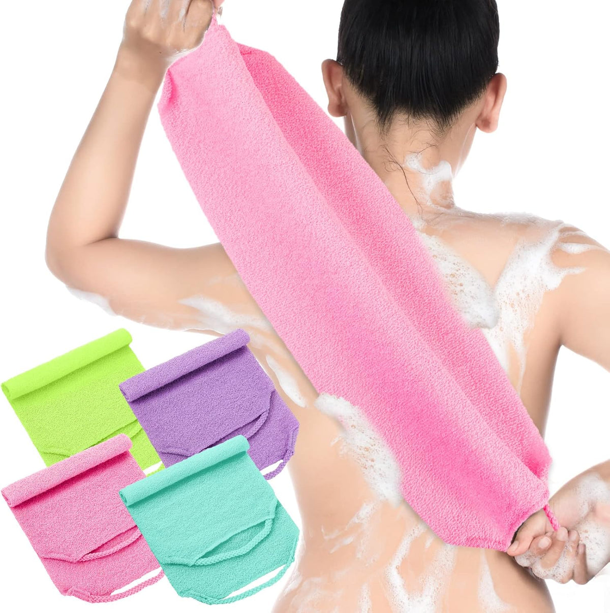 Moukeren Exfoliating Back Scrubber with Handles 4 Pack Nylon Back Exfoliator Extended Length