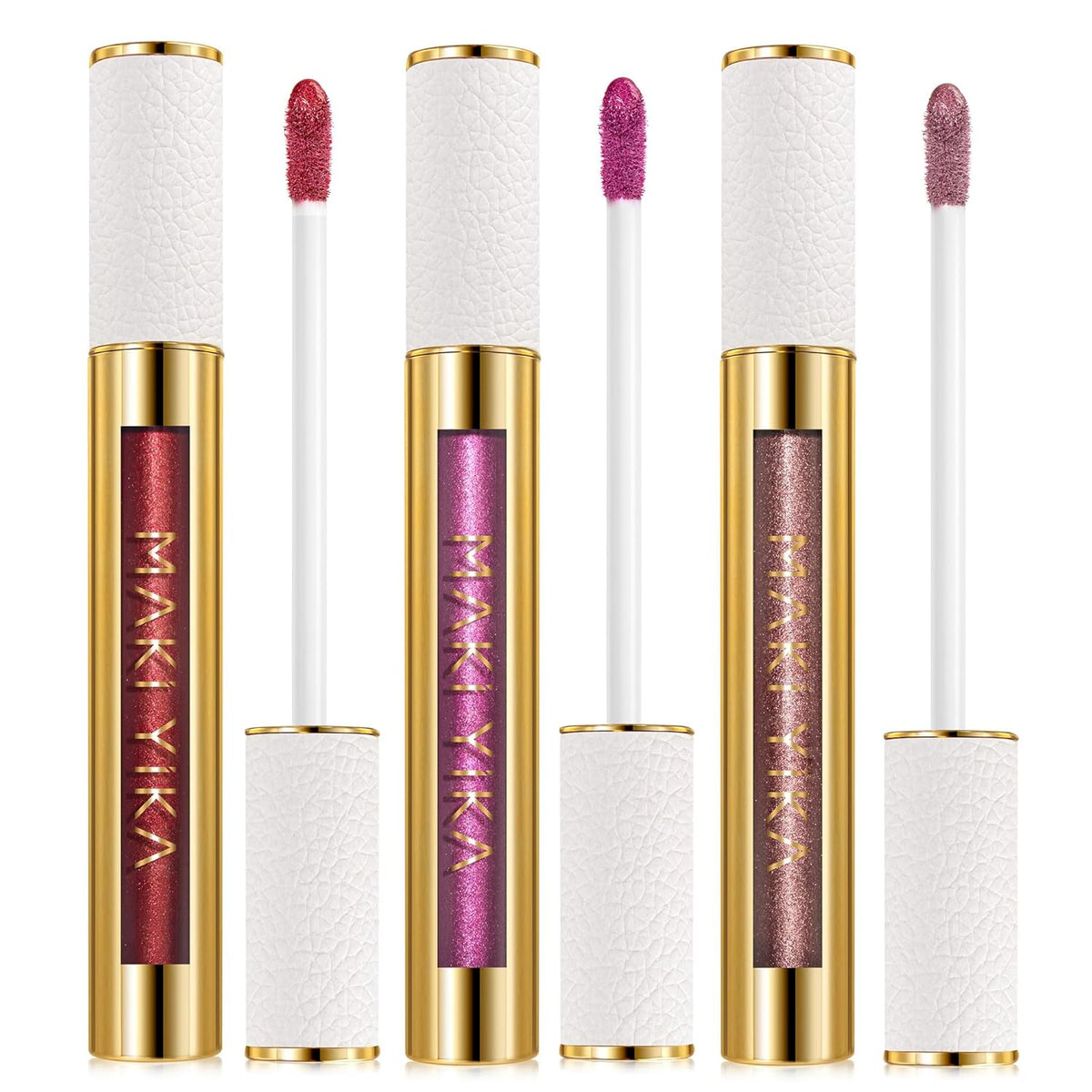 MAKI YIKA 3Pc Metallic Lipstick for Women Red Pink Brown Glitter Lipsticks Long Lasting Lipstick