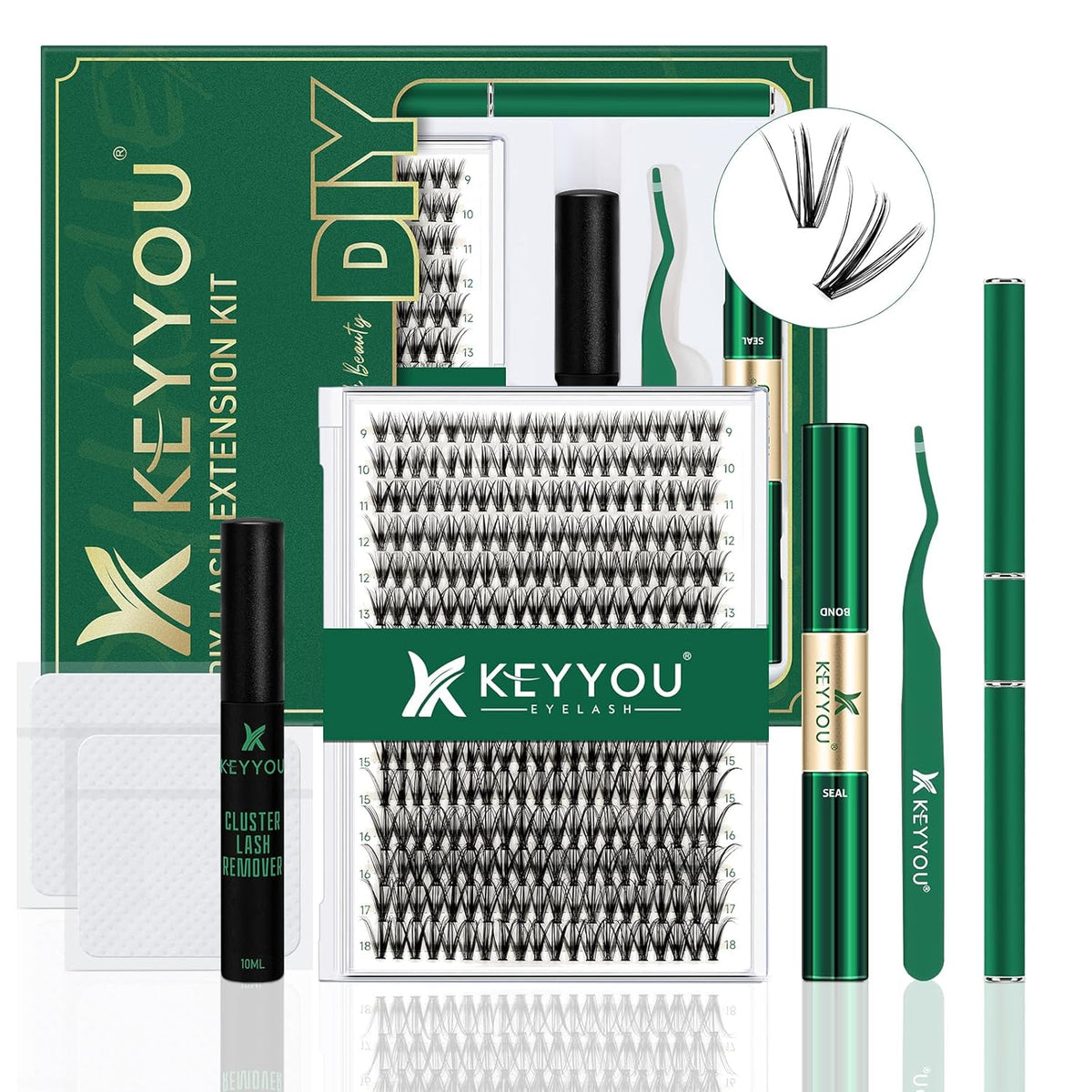 KEYYOU Lash Extension Kit DIY 300Pcs Lash Clusters Eyelash Extension Kit 30D C Curl 9-18MIX Lash