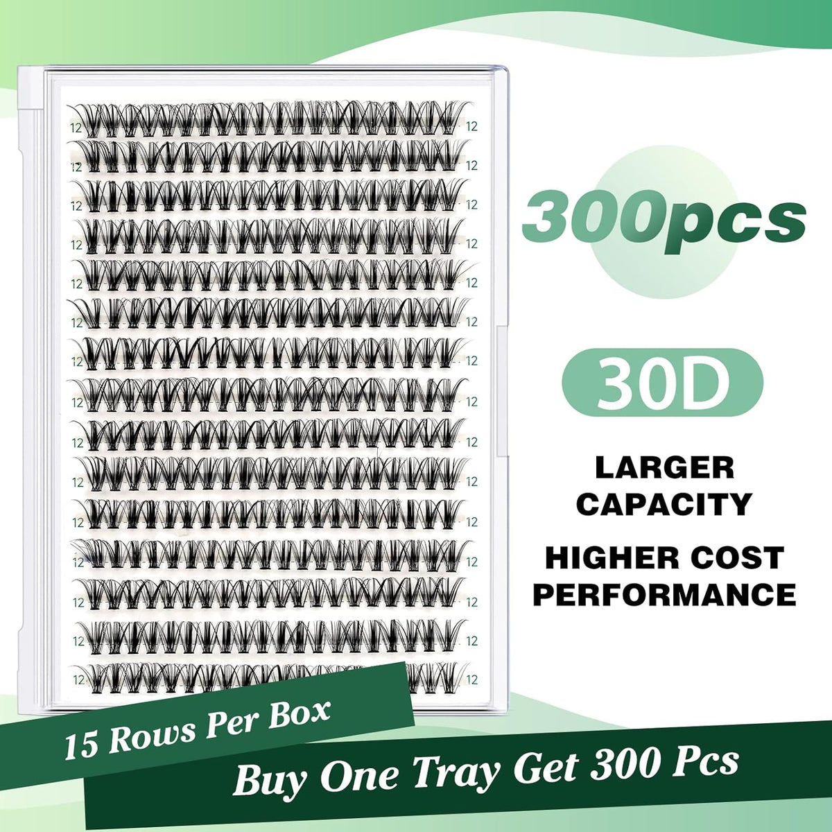 Lash Clusters 300pcs Eyelash Clusters 30D 0.07D Curl 12mm DIY Eyelash Extension KEYYOU Large Tray