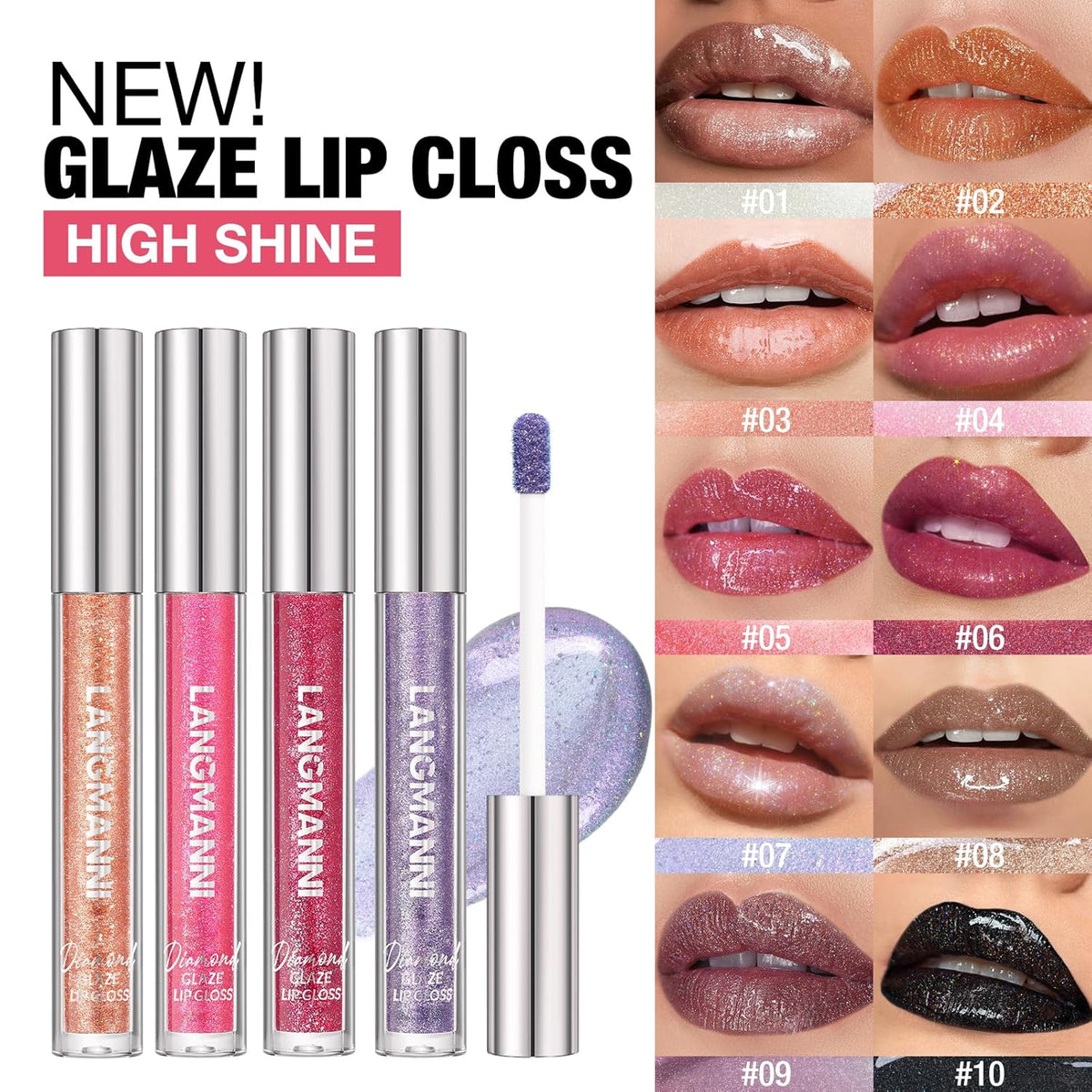 LANGMANNI 10 Colors Diamond Glitter Lip Gloss Set,Long Lasting High Shine Shimmer Liquid Lipstick