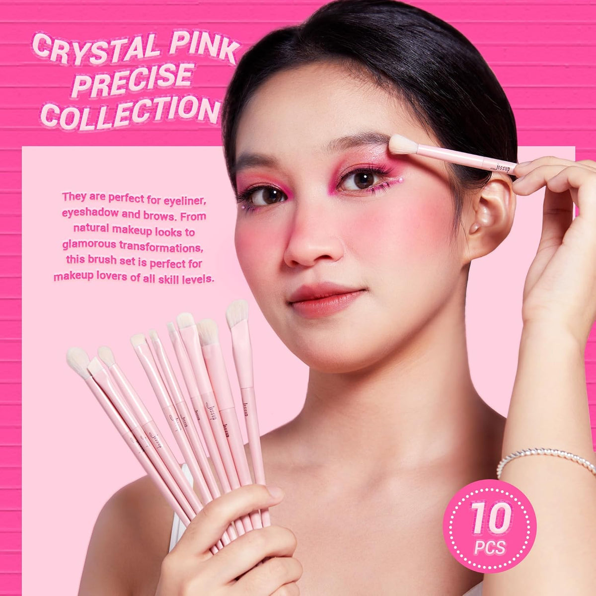 Jessup Eyeshadow Brush Set 10Pcs Pink Eye Makeup Brushes Concealer Brush Premium Synthetic Eye