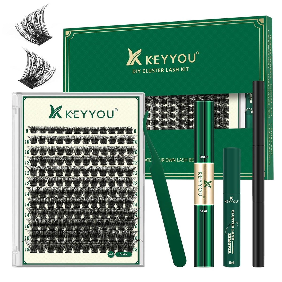 DIY Lash Extension Kit KEYYOU 144pcs Lash Clusters Eyelash Extension Kit with Mascara Brush Bond