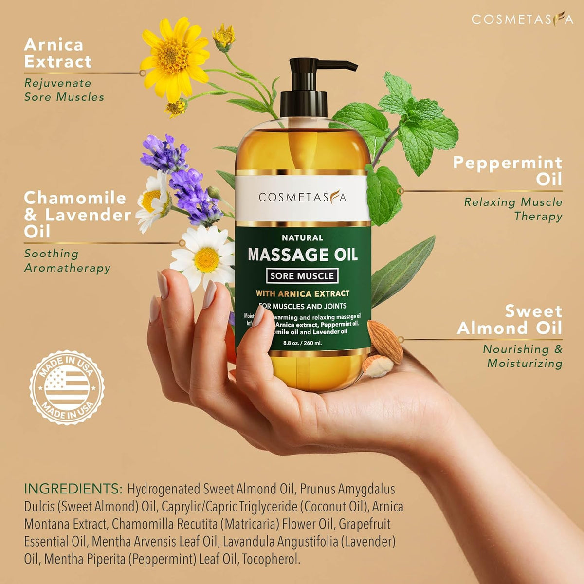Cosmetasa Sore Muscle Massage Oil - 8.8 oz, Soothes Muscle and Joint with Arnica Extract