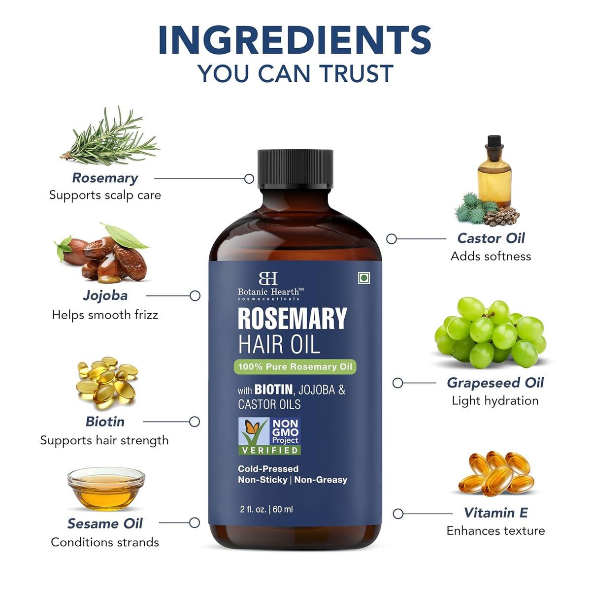 Botanic Hearth 100% Pure Rosemary Oil For Hair (2 Fl Oz) Infused With Biotin, Jojoba & Castor Oil |