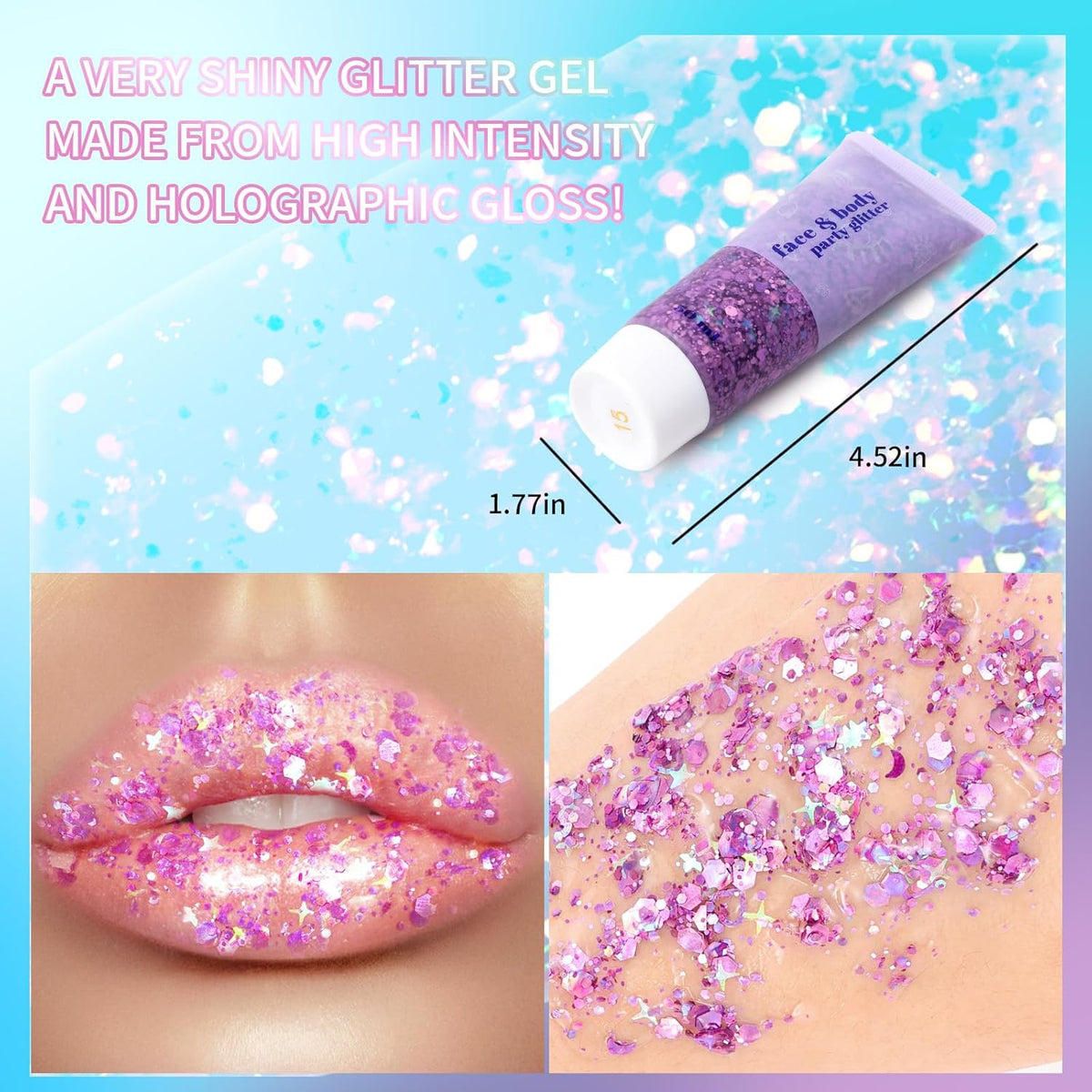 DAGEDA Purple Body Glitter Gel, Holographic Face Glitter Body Gel Rave Party Accessories, Chunky