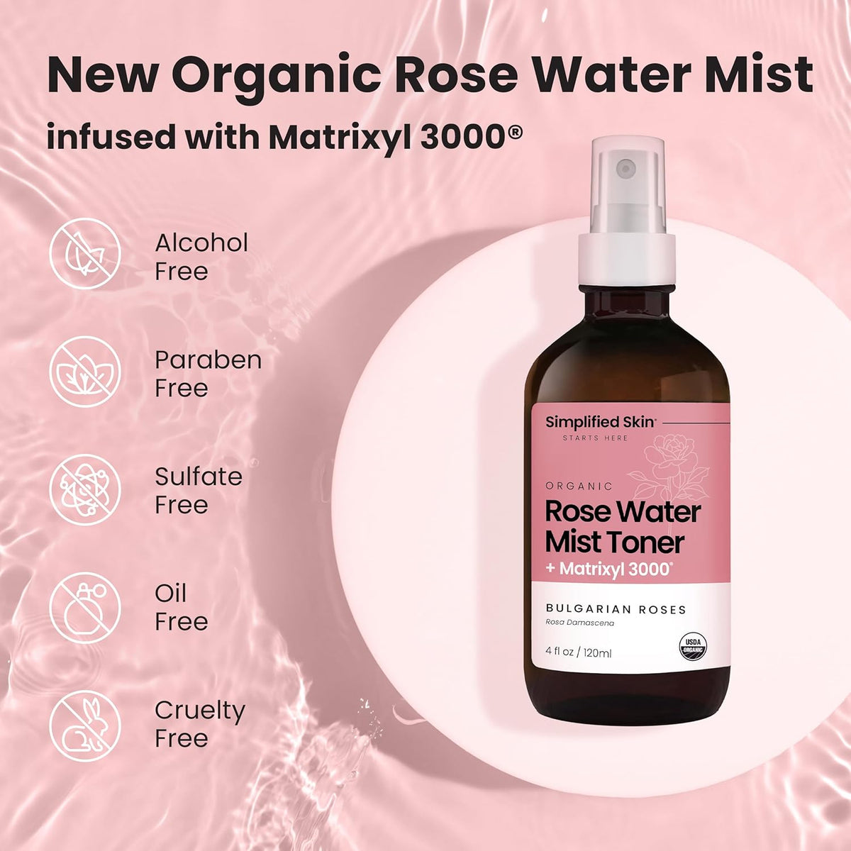 Rose Water Spray for Face with Matrixyl 3000 - Organic Rosewater Face Mist with Aloe Vera &