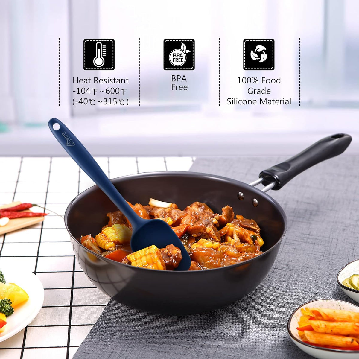 HOTEC 600℉ Heat Resistant BPA-Free Silicone Rubber Spatula Set, Kitchen Cooking Spatulas, Baking