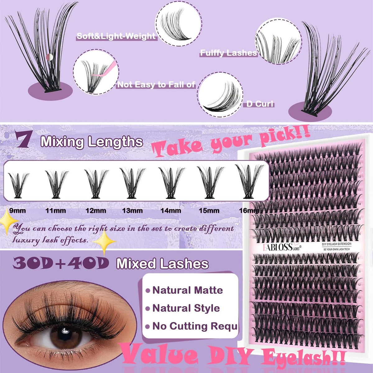 Lash Clusters Kit Fluffy 280Pcs Lash Clusters DIY Eyelash Extension Kit 30D+40D Individual Lashes
