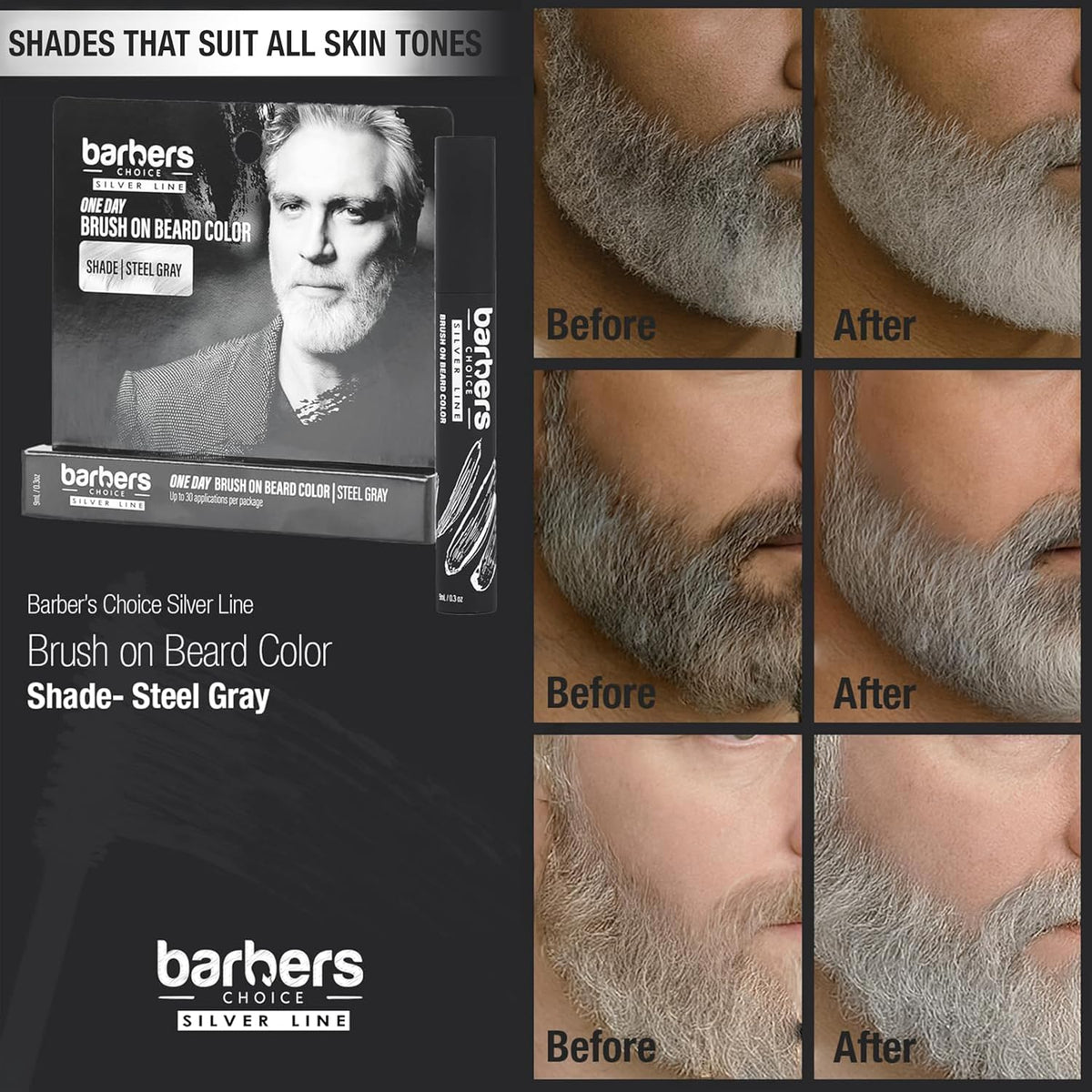 Barbers Choice Silver Line, Facial Hair Brush on Temporary Color for Silver Fox Men- Instantly