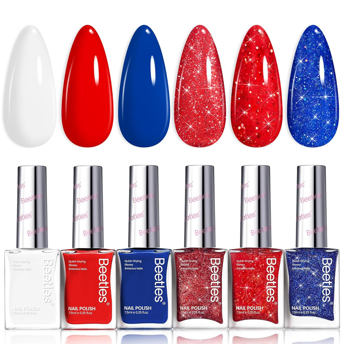 Beetles 4th of July Nail Polish Set - 6 Colors White Red Blue Nail Polish Kit Sparkle Glitter